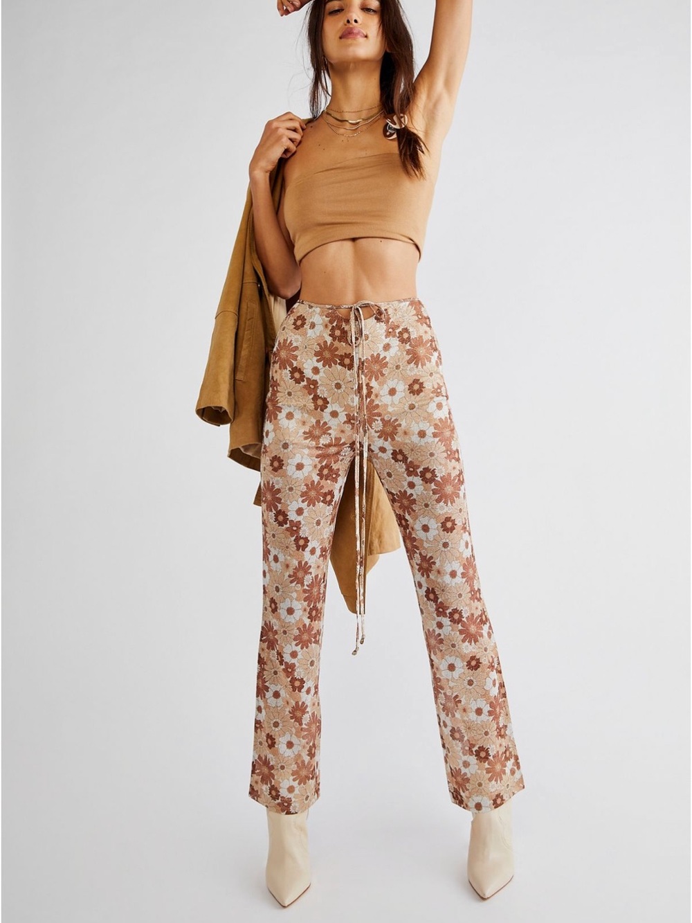 Free people tova shimmer lurex retro floral Pants - Tan Floral gold